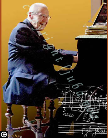 A portrait by Ljuba Moiz: Gyrgy Kurtg playing on Bice Horszowski 's grand piano 